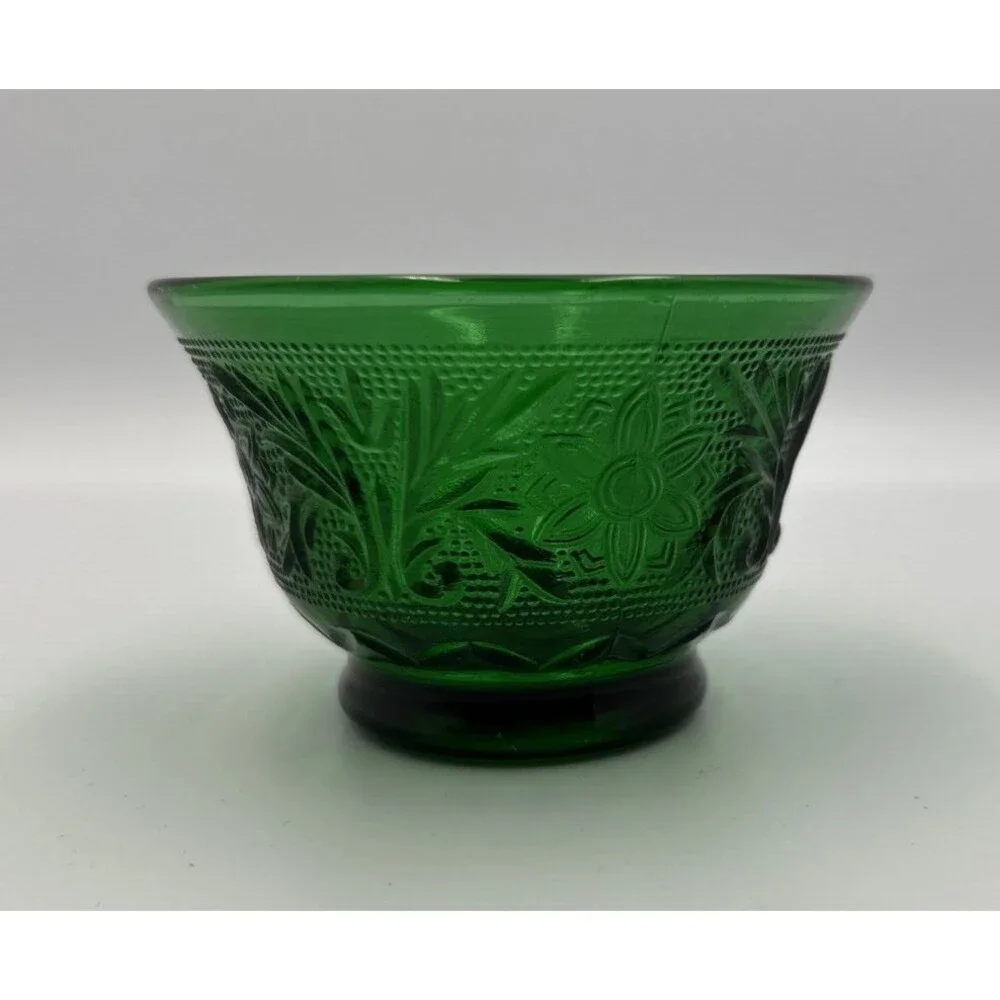 Vintage Emerald Green Pressed Glass Berry Dessert Bowls Floral Set of 2